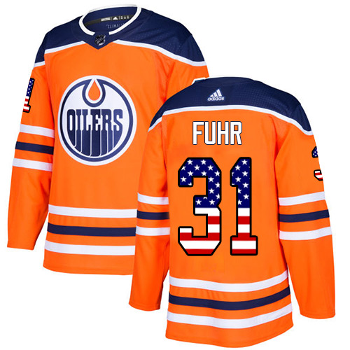 Adidas Oilers #31 Grant Fuhr Orange Home Authentic USA Flag Stitched NHL Jersey